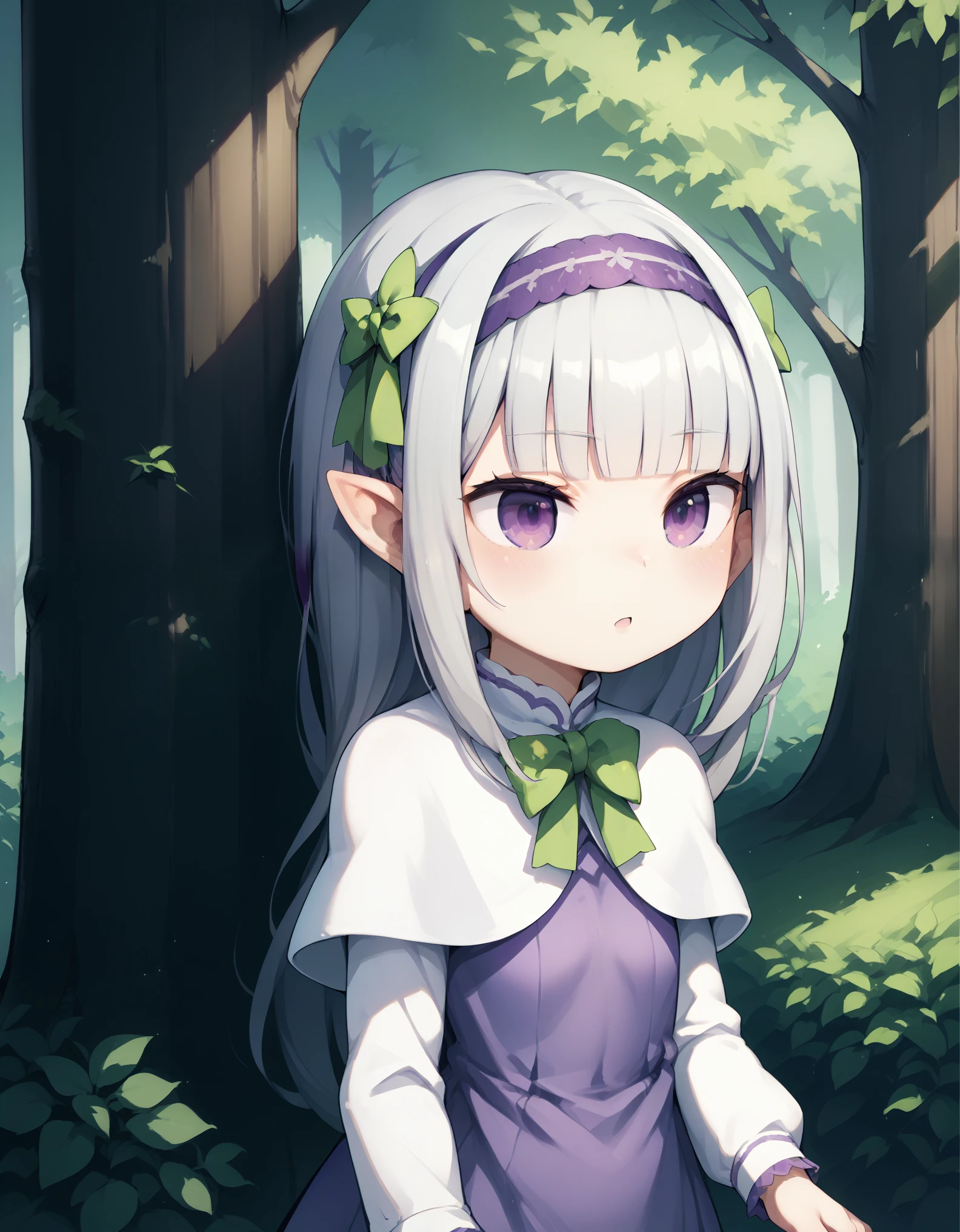 1girl, forest, peeking out upper body, behind tree, purple eyes, hairband, long hair, grey hair, pointy ears, blunt bangs, white capelet, purple dress, green bow, long sleeves, score_9, score_8_up, score_7_up, source_anime, 