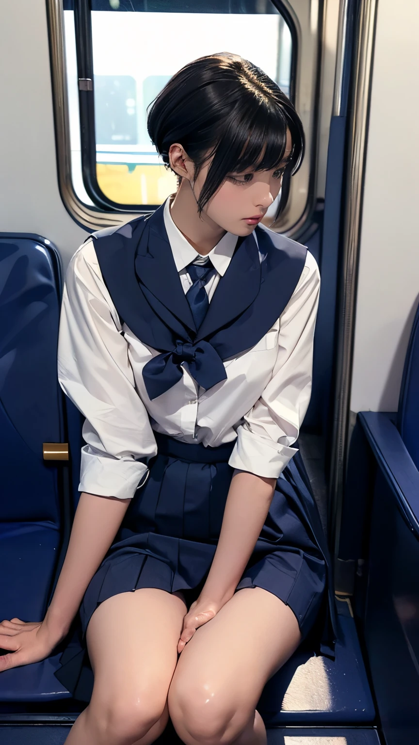 high-angle shot、Center view、Arafe asian woman in short skirt and bow tie sitting on train、cute school girl、Japan Girl Uniform、Wearing Japan school uniform、Japan School Uniforms、a hyperrealistic schoolgirl、Dressed as a schoolgirl、a hyperrealistic schoolgirl、Wearing a uniform、Realistic Schoolgirl、Girl in Uniform、Wearing a uniform、Schoolgirl Pose、full body Esbian、Nice skin、glistning skin、lovely thighs、glowing thigh、shining legs、bare-legged , High School in Japan 、乃木坂アイドル、韓国アイドル