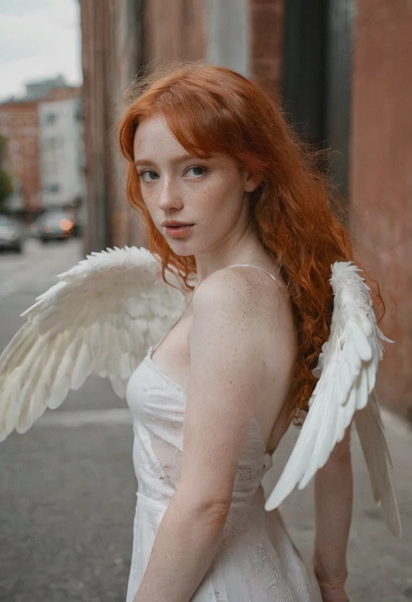 /imagine prompt: Redhead angel girl influencer captured in photography through a 35mm lens, evoking the raw authenticity of street photography. The scene portrays the angelic figure standing against a gritty urban backdrop, her vibrant red hair contrasting against the monotone surroundings. with her white wings Her expression exudes a mix of innocence and wisdom, with a slight smirk playing on her lips. The color temperature leans towards cool tones, enhancing the urban atmosphere. --v 5 --stylize 1000