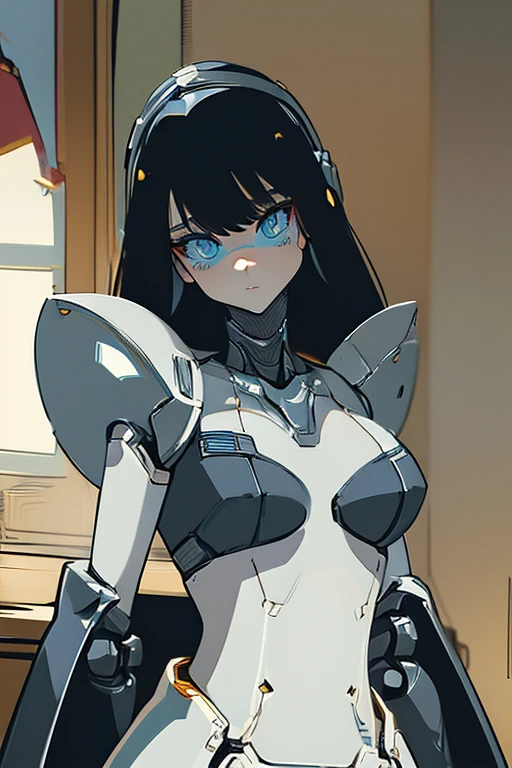 empty eyes,robotization,woman ,big bust,Robot Joint ,Metal skin,Black Suit,long hair,a black suit that covers the whole body