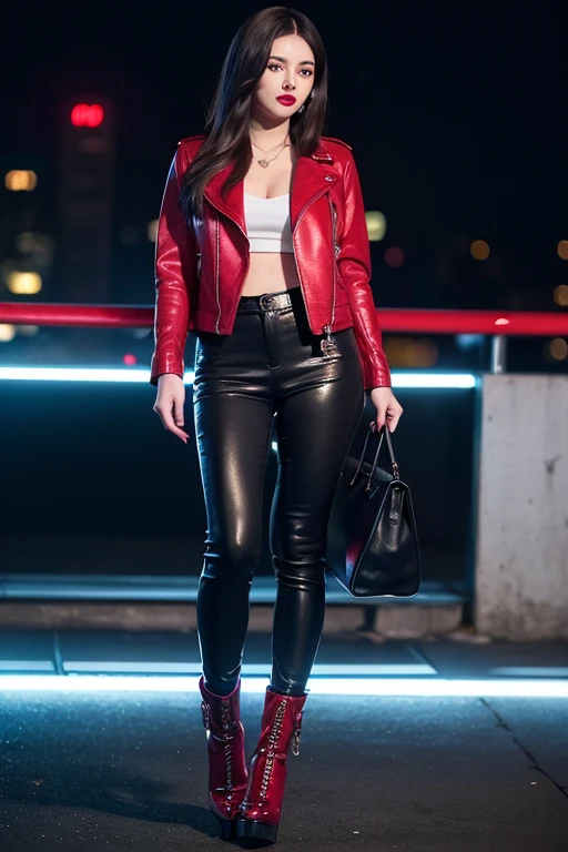 full body Realism, a 35 - year - old girl, dark hair, a ponytail on her head, bangs falling, face, beautiful hairstyle, light makeup, dressed in a red leather jacket, dressed in red leather mini skirt, high hels