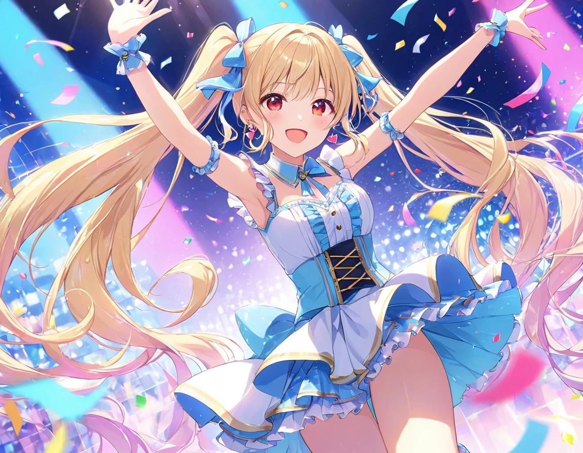 Cinematic Light, Alone, (((1 girl))), blonde, Long Hair, Twin tails, Red eyes, jewelry, Earrings, Idol Costumes, Cute frills, Pastel colors, Beautiful thighs, Flared Skirt, (smile:1.5), ((Open your mouth:1.2)), ((Random Action Pose:1.2, heartが弾ける)), (tits), Lots of confetti, ((dance, Dutch Angle, heart:1.1)), Beautiful Skin, Shiny skin, Perfect Fingers, Five fingers, Background Blur, high quality, Surreal, Bright colors, ((Very detailed, photo shoot)),