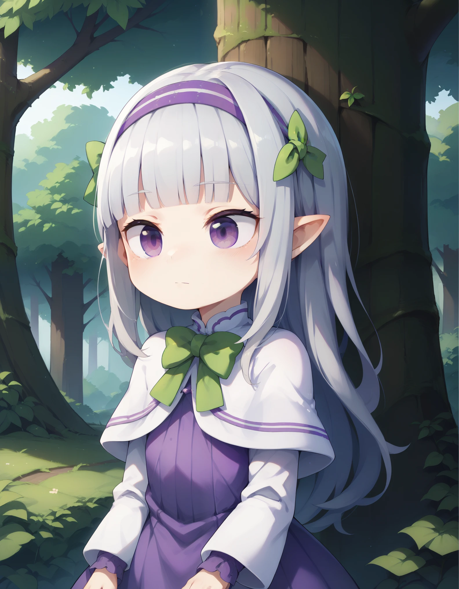 1girl, forest, peeking out upper body, behind tree, purple eyes, hairband, long hair, grey hair, pointy ears, blunt bangs, white capelet, purple dress, green bow, long sleeves, score_9, score_8_up, score_7_up, source_anime, 