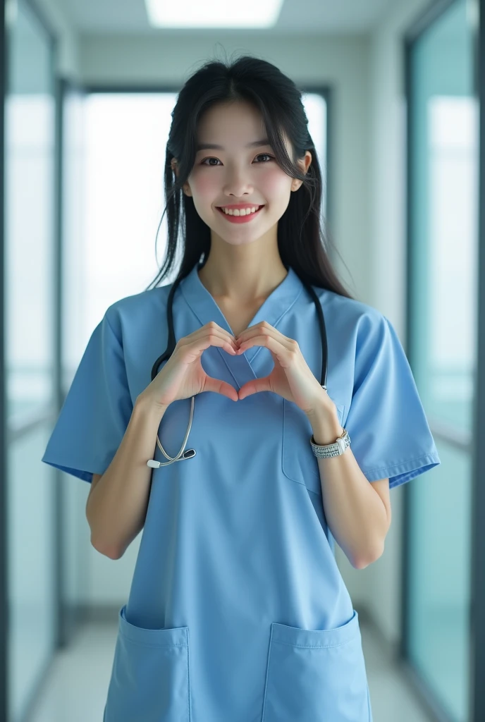 photorealistic, photograph, medium shot, standing, smiling beautiful Japanese female doctor making cheek_heart, slim hourglass figure, narrow waist, beautiful detailed face, black hair, pale skin, fair skin, realistic skin, detailed cloth texture, detailed hair texture, Perfect proportion, Anatomically correct, Highly detailed face and skin texture, private modern hospital room, looking at viewer, asian face , perfect anatomy, realistic,