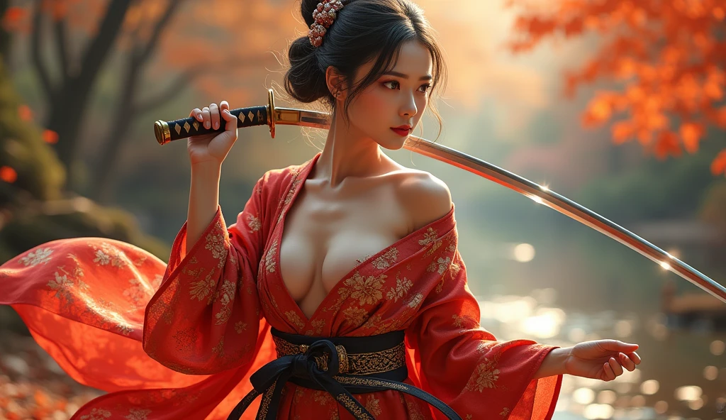 beautiful japanese woman with big breasts in revealing kimono and katana