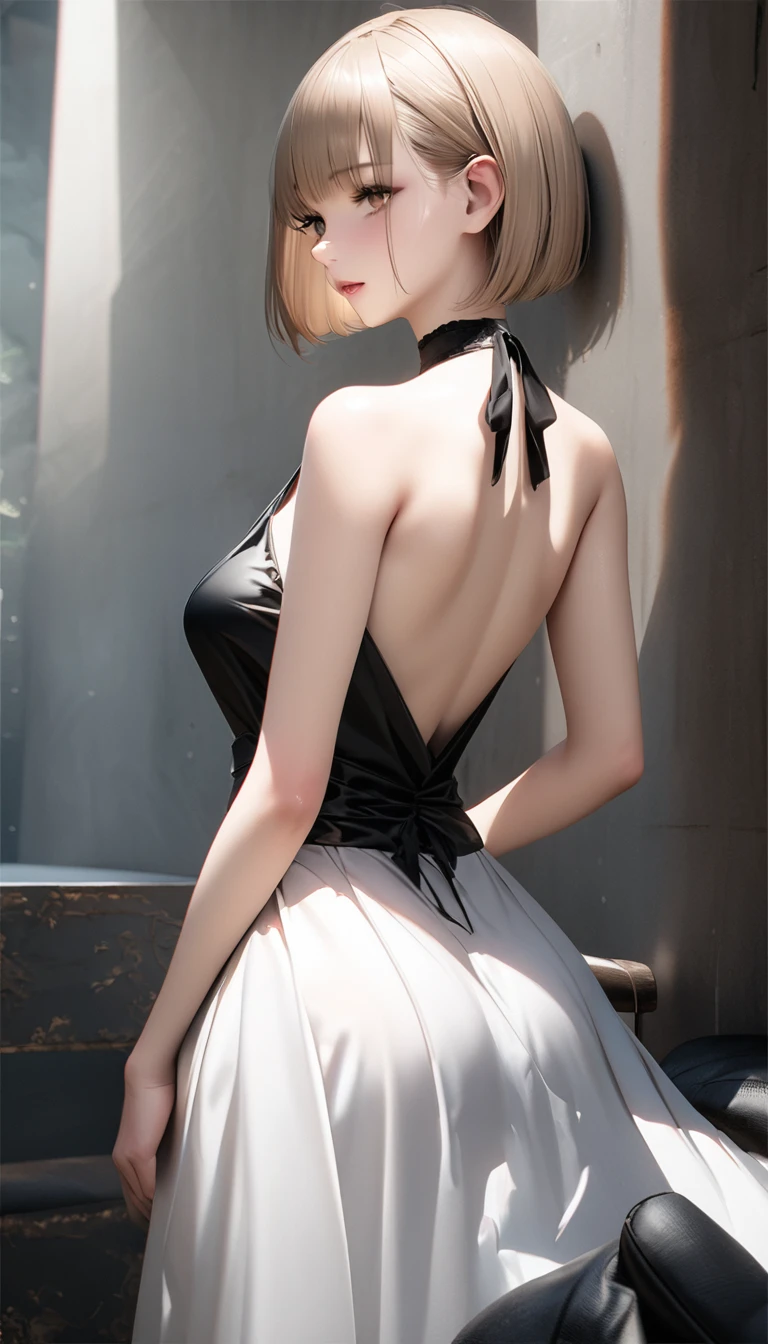 、(masterpiece、Highest quality)、Highest quality, Ultra-high resolution, (((masterpiece))), alone, Sweat、Big eyes, Please show me your armpits, No sleeve、Outdoor、Floral dress、Composition from the front、（Cut the back hair short、short hair、blonde、woman）、Shortcuts、Embarrassed face、Cut your hair short、可愛いwomanの子、Big Breasts