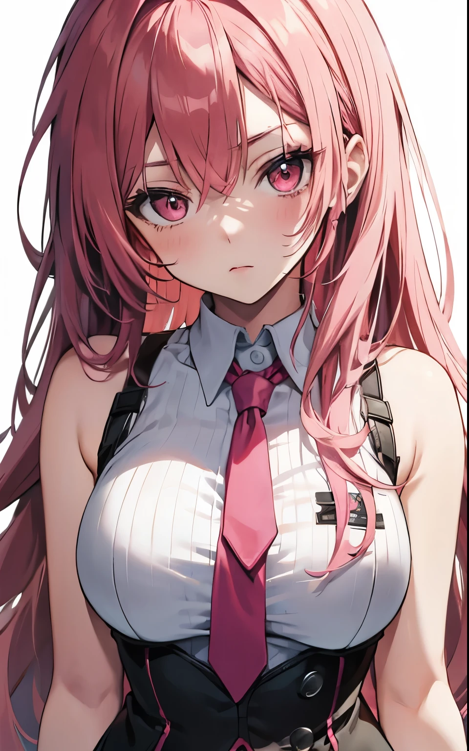 anime girl, katarina battle, pink hair, wearing sexy sleeveless school shirt with neck tie. sleeveless, white background, beautiful, babe, portrait, centered, full body