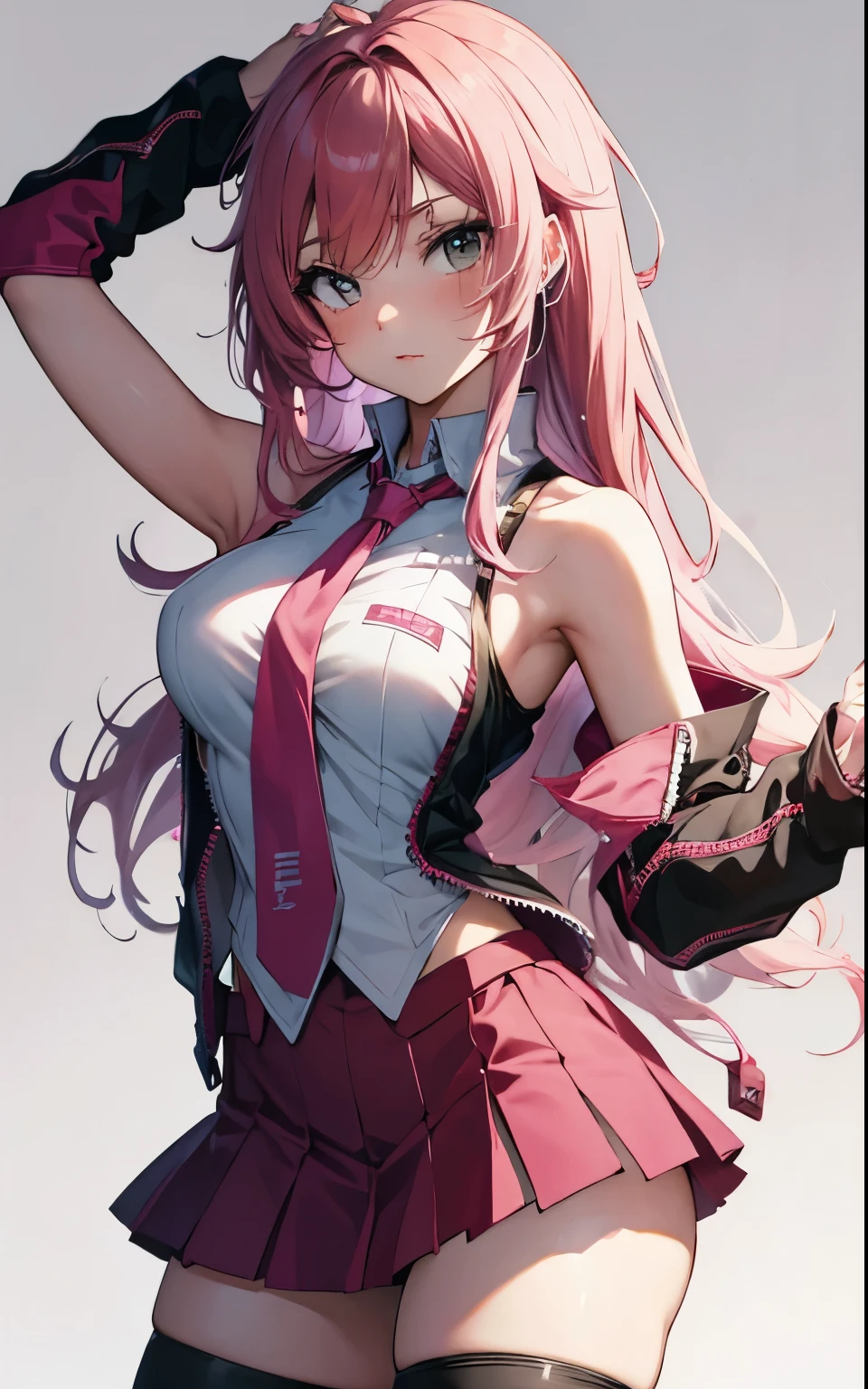 anime girl, katarina battle, pink hair, wearing sexy sleeveless school shirt with neck tie. sleeveless, white background, beautiful, babe, portrait, centered, full body