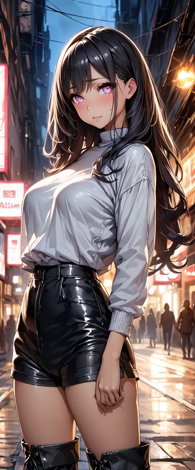 Best Quality, Masterpiece:1.4), (Realism:1.2), (Realisitc:1.2), (Absurdres:1.2), 4K,(photorealistic:1.3), Detailed, Ultra-Detailed, Digital Art,1 girl,Realistic Skin,Solo,beautiful face,Large Breasts,((Sheer Dress)),Long Wavy Hair, Cowboy Shot, ,Slim Waist, Close up,Street,Night