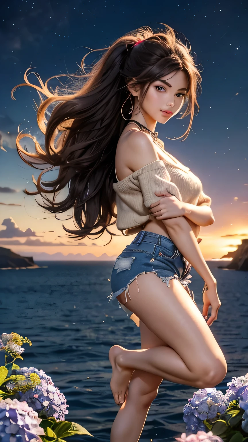 Ariel disney , fully body, open jacket without buttons , Topless, beautiful medium breasts showing , sexy e semi nua, ripped mini skirt with beautiful smile,, hand on private parts, long hair, surreal, 4K