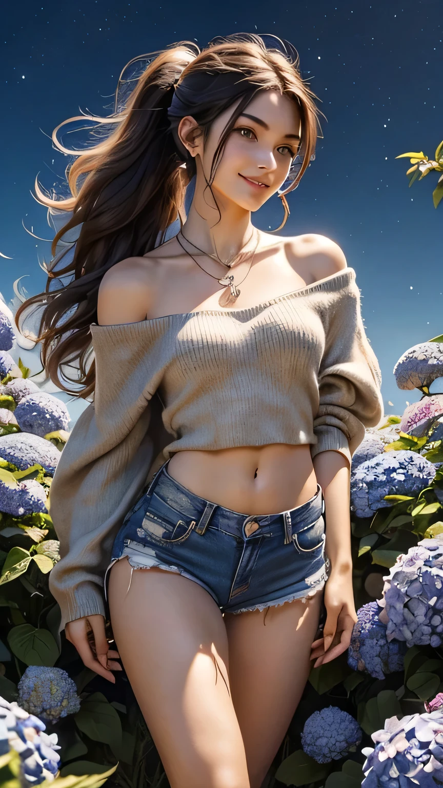 (((Upper body portrait)))､Upper body portrait､4K、June scenery、Beautiful woman、Long Hair、Brown curly hair、((poneyTail))、Medium chest、blue eyes、smile、Blue off-shoulder、Ripped denim shorts、Neon Red Heart Necklace、View your viewers、night、Colorful hydrangeas、((Dynamic posture))、(Fighting attitude)、(Elevate your legs)、(Release your feet)、(Greek feet)、(Exquisite Claws)、((Delicate toes、Perfect toes)))、(Camel Toe)、((Correct Anatomy))、((Height Jumper Body Proportions))、(((Upper body portrait)))､Upper body portrait