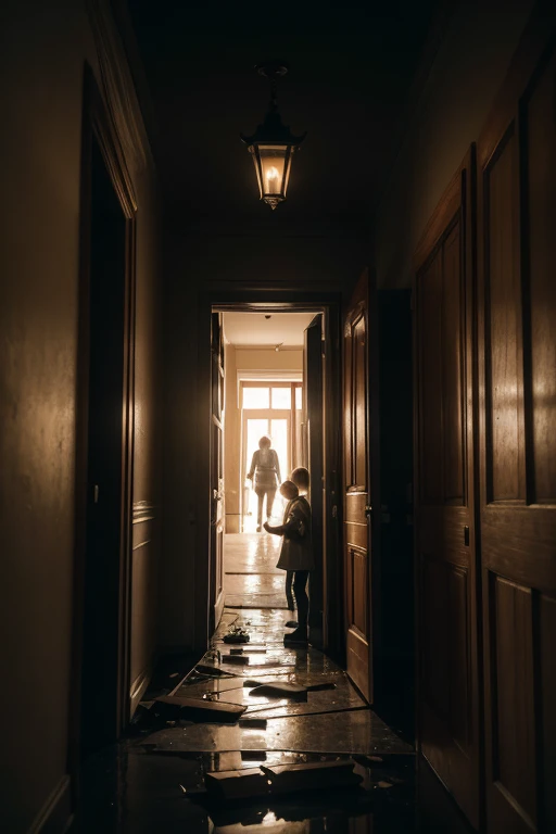 Child holding someone's hand looking at a dark door and holding a teddy bear from behind at a themed restaurant