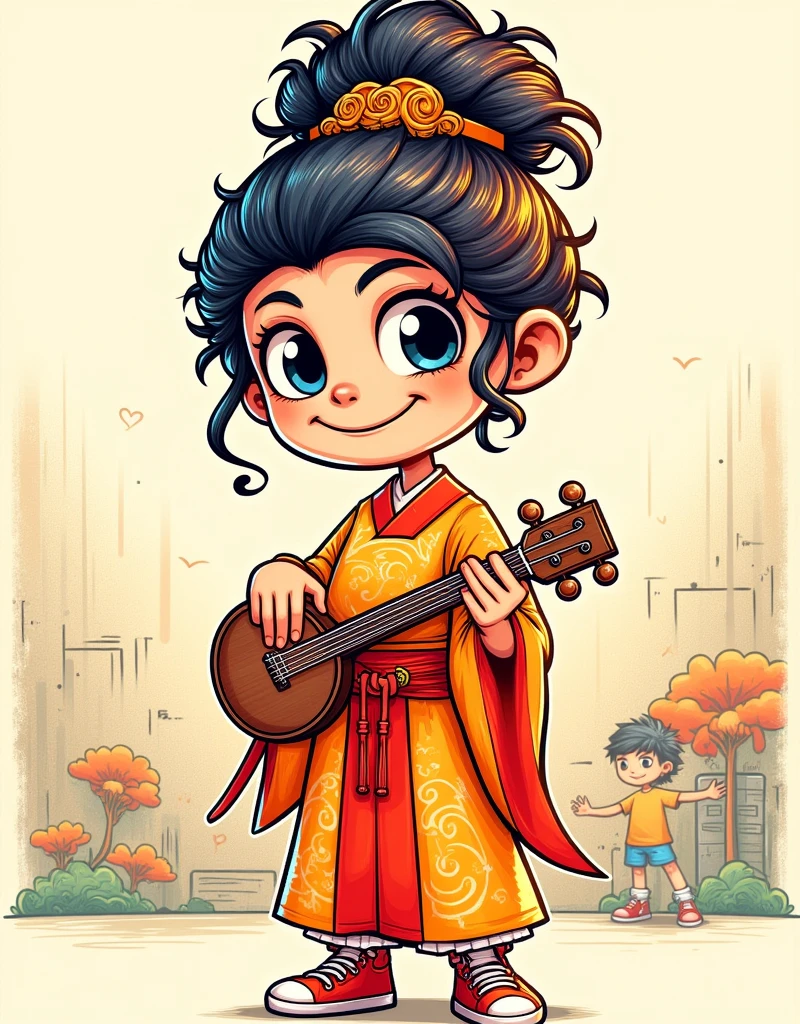 Classical charm，Modern Interest，A Q version girl of a Tang Dynasty lady，Cartoon Style，dignified，Beautiful Tang Dynasty Clothing，Playful，lively，Light beige background，Warm and soft，A string instrument，Guzheng，Elaborate bun，Transparent gauze dress，Artistic atmosphere。The Elegance and Luxury of Tang Dynasty Women，dignified与美丽，Classic and modern，既dignified又lively。 This painting is not only a modern interpretation of Tang Dynasty culture，It is also an exploration of the fusion of tradition and modernity.。Through this creation，We can see the new life of traditional culture in modern art，And the artist&#39;s respect and innovation for traditional culture，1xhsn1