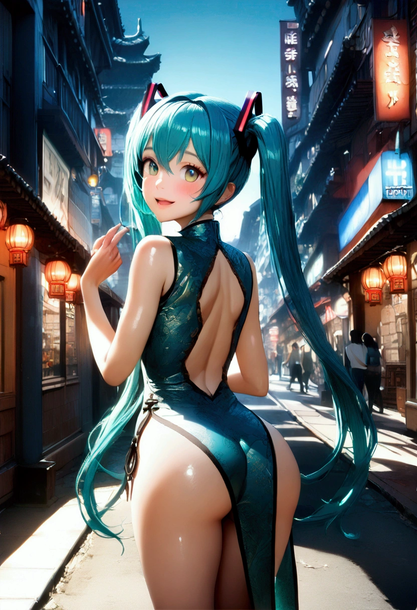 Super detailed, masterpiece, High resolution, Photorealistic digital art, perfect lighting, (((1 girl, perfect anatomy))), accurate right hand, accurate left hand, five fingers, perfect style, hatsune miku, 3d face, big light blue-green eyes, glossy lips, blue-green long hair, shiny skin, smile, (((twin tails))), big square hair accessories, city, night, (((sexy China dress))), open mouth smile, blush, surprised face, ((turn around and look back)), Her ass is completely exposed, outdoor,