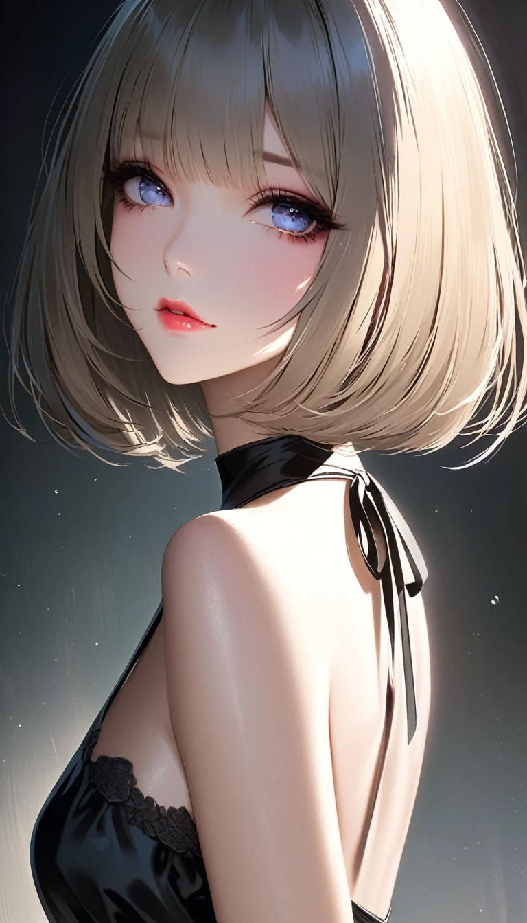 (Portrait), (style of ayami Kojima), nudist, Haruno Sakura, cute, blonde hair, pink eyes, bobcut, perfect face, realistic, lifelike, lip gloss, messy hair, blushing, sparkling eyes, dynamic motion, motion lines, sexy,, seductive, black choker, mascara, breast, armpits
