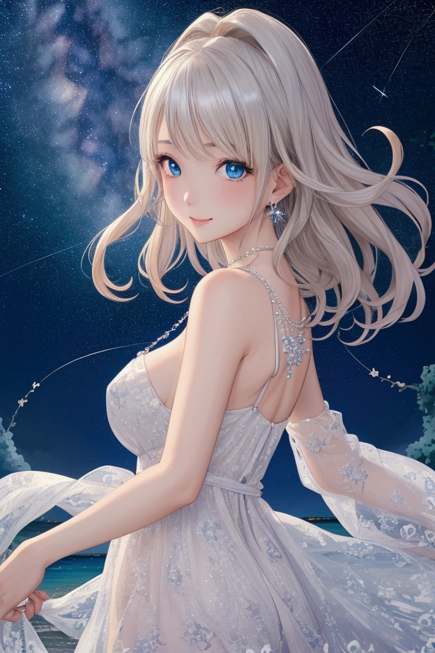 1 girl, Blonde gray hair, Straight hair, Spread your hair, Long Hair, The pupils shine, Long eyelashes, blue eyes, compensate, smile, Color debtield Painting, modern art, Northern Renaissance, Blurred, blend, debtrom below, debtrom Side, Panorama, Ultra Wide Angle, Wide-angle, debt/1.8, 135mm, Canon, んdebtdebt, retina, Tabletop, Elaborate, Anatomically correct, Skin Texture, Super detailed, Attention to detail, high quality, High resolution, 1080p, hard disk, 4K, 8k, 最high quality, (Translucent off-the-shoulder immaculate white dress), (Beautiful woman lying on a large floor), Sexy pose (debtull of stars in the background, Milky Way Galaxy), (debtull of stars in the background, Milky Way Galaxy),(Black lace panties)