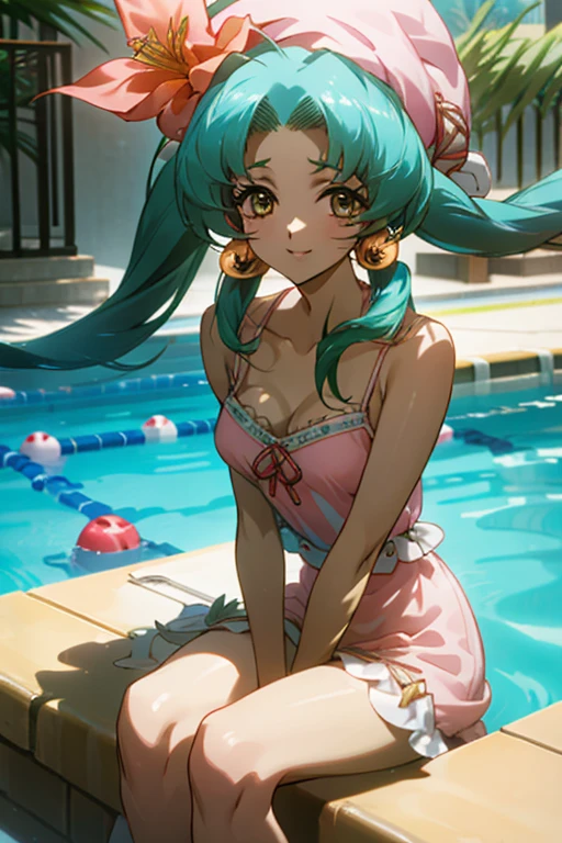 {best quality:1.5}, {very aesthetic:1.5},(bright:1.6),lan faniel,hair accessories,hat,smile,ball hair accessories, Long hair, twintail, hair ornament, sitting, Cleavage visible, Camisole dress,out pool,Cheerful