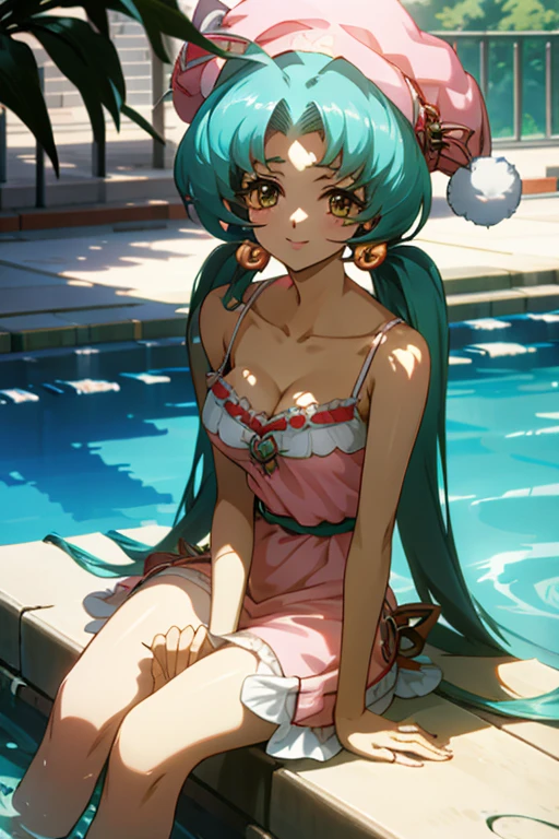 {best quality:1.5}, {very aesthetic:1.5},(bright:1.6),lan faniel,hair accessories,hat,smile,ball hair accessories, Long hair, twintail, hair ornament, sitting, Cleavage visible, Camisole dress,out pool,Cheerful