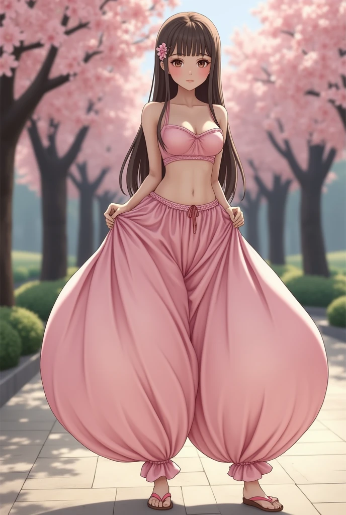 ((Photo of Pretty Japanese girl with super colossal breast)), Japanese high school girl, 1girl, solo, fullbody, brown eyes, brown long hair in a hime cut, blunt bangs, blunt tips, gigantic cleavage breasts, J cup breasts, (Very_large_breasts:1.5), standing in a pathway lined with cherry blossom trees, wearing an Arabian outfit consisting of only humongous inflatable full length satin princess_Jasmine-style harem pants with her midriff and belly button exposed, pink flats, and a simple satin strapless bra top. The pants and top are light pink and the pants are extremely puffy and completely round and completely spherical, (Best quality:1.3).