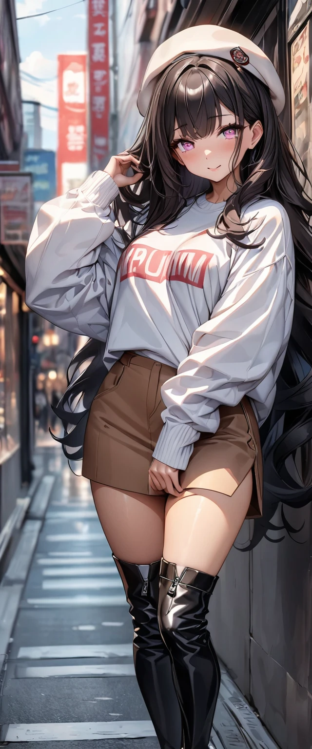 NSFW,Highest quality, Official Art, masterpiece, Fabric Shading, High resolution, Very detailed, colorful, Best details, (Adult,19 years old, One Girl, transformation:1.5, Bitch, Long Hair, Brown Hair, White T-shirt、Long Skirt、Exposed in the city, skirt lift, Showing off her high leg panties and stockings,