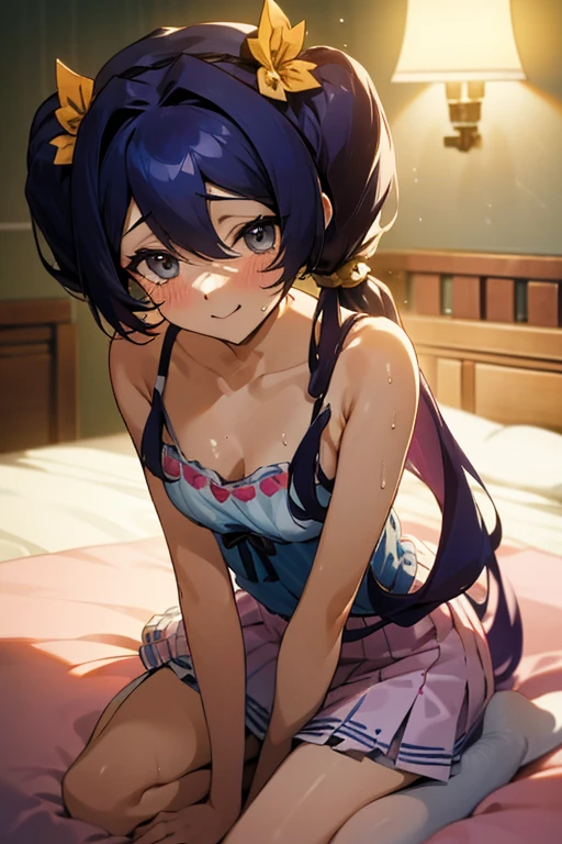 {best quality:1.5}, {very aesthetic:1.5},(bright:1.6),lan faniel,hair accessories,hat,smile,ball hair accessories, Long hair, twintail, hair ornament, sitting, Cleavage visible, Camisole dress,bed,,jitome, wet eyes