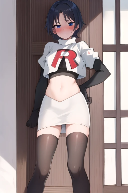 absurdres,masterpiece, trap, best quality, highres, high quality, 1boy, solo, male focus, hair, crossdressing,1boy,team rocket,team rocket uniform,white skirt,red letter R,crop top,black thigh-highs,black elbow gloves, embarrassed, blush