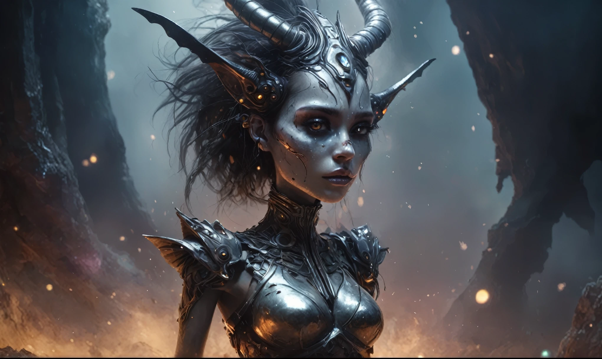 1 Caucasian female
demon queen
black horns
spikes 
armored dress, 
 Gerald Brom,  
muted color
(  masterpiece,realistic, photorealistic,  ) (best quality) <lora:add_detail:1>