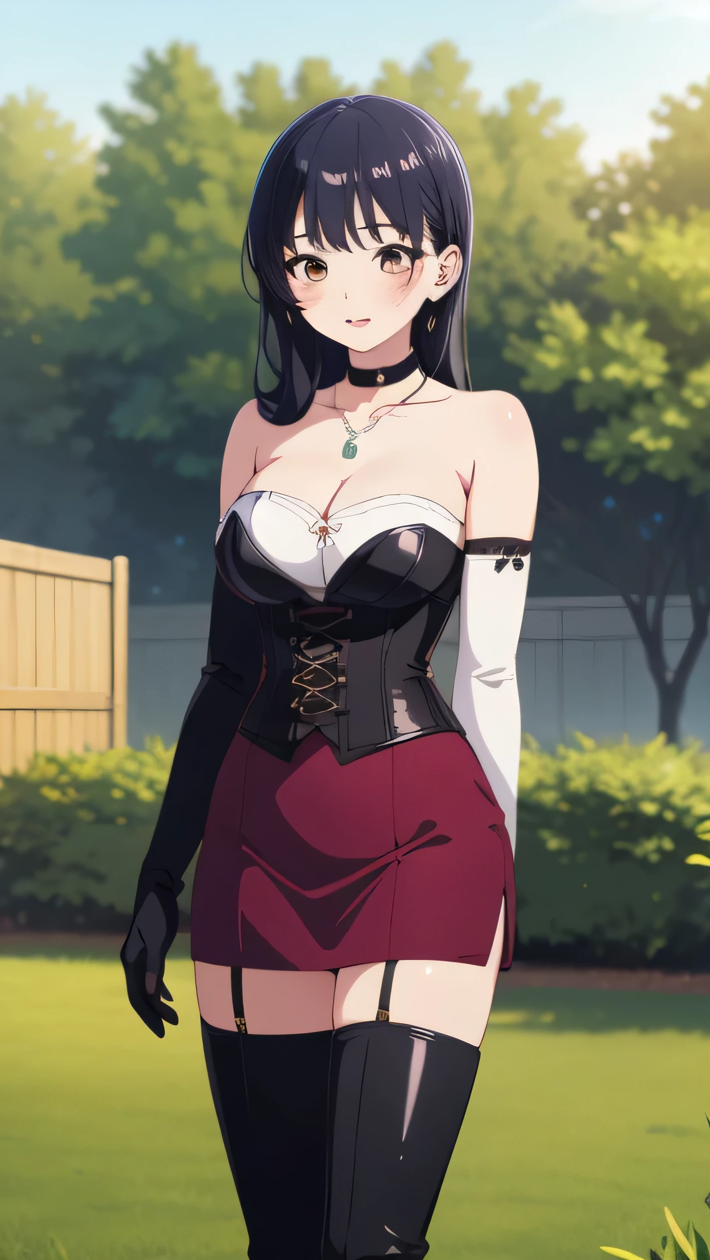 1girl, natural lighting, masterpiece, highly detailed, illustration, game CG, absurdres, high quality, Anna Yamada , large breasts, beautiful detailed eyes, brown eyes, long curly black hair, bangs, glossy lips, lips parted, blush, garden, standing, strapless corset, miniskirt, collarbone, cleavage, jewelry, choker, necklace, thigh boots, elbow gloves