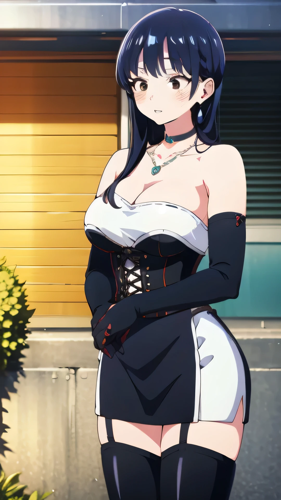 1girl, natural lighting, masterpiece, highly detailed, illustration, game CG, absurdres, high quality, Anna Yamada , large breasts, beautiful detailed eyes, brown eyes, long curly black hair, bangs, glossy lips, lips parted, blush, garden, standing, strapless corset, miniskirt, collarbone, cleavage, jewelry, choker, necklace, thigh boots, elbow gloves