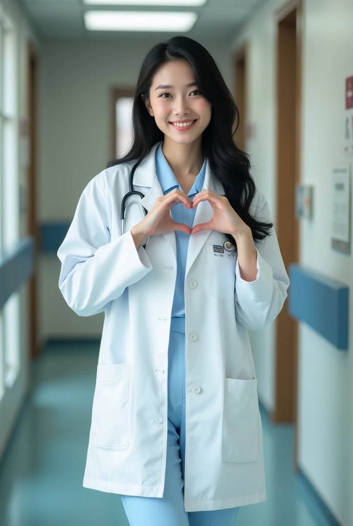 photorealistic, photograph, medium shot, standing, smiling beautiful Japanese female doctor making cheek_heart, slim hourglass figure, narrow waist, beautiful detailed face, black hair, pale skin, fair skin, realistic skin, detailed cloth texture, detailed hair texture, Perfect proportion, Anatomically correct, Highly detailed face and skin texture, private modern hospital room, looking at viewer, asian face , perfect anatomy, realistic,