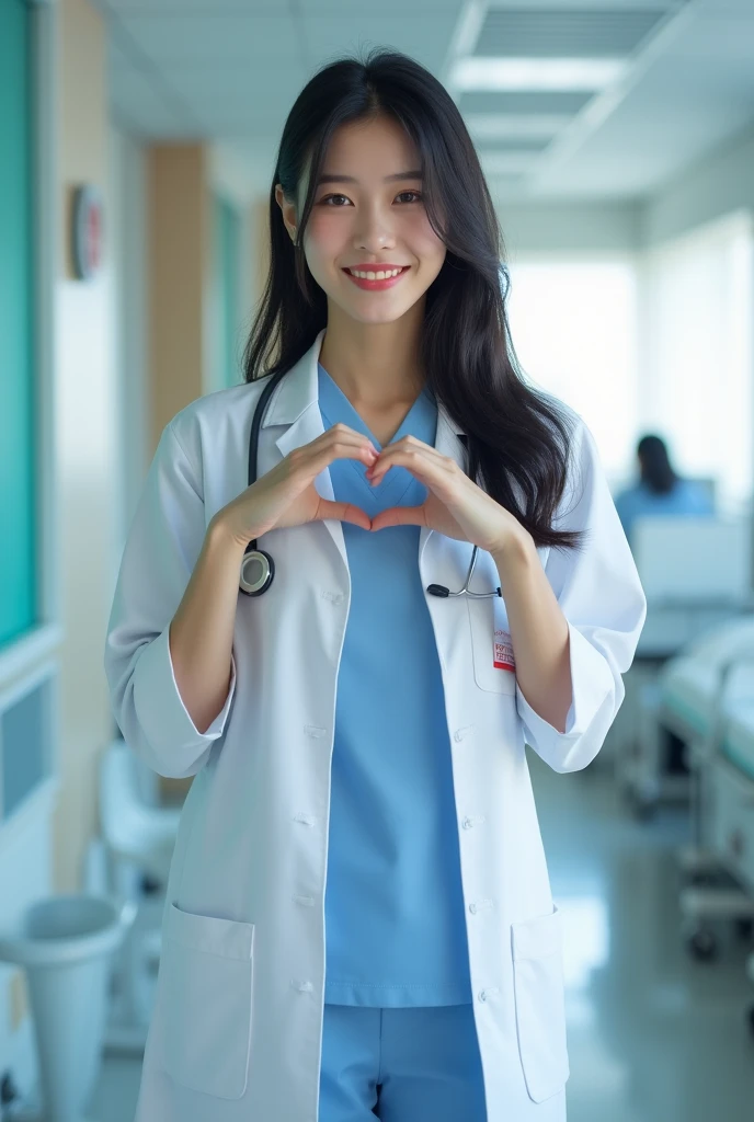 photorealistic, photograph, medium shot, standing, smiling beautiful Japanese female doctor making cheek_heart, slim hourglass figure, narrow waist, beautiful detailed face, black hair, pale skin, fair skin, realistic skin, detailed cloth texture, detailed hair texture, Perfect proportion, Anatomically correct, Highly detailed face and skin texture, private modern hospital room, looking at viewer, asian face , perfect anatomy, realistic,