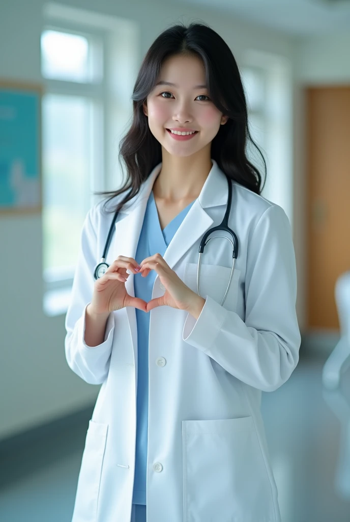 photorealistic, photograph, medium shot, standing, smiling beautiful Japanese female doctor making cheek_heart, slim hourglass figure, narrow waist, beautiful detailed face, black hair, pale skin, fair skin, realistic skin, detailed cloth texture, detailed hair texture, Perfect proportion, Anatomically correct, Highly detailed face and skin texture, private modern hospital room, looking at viewer, asian face , perfect anatomy, realistic,