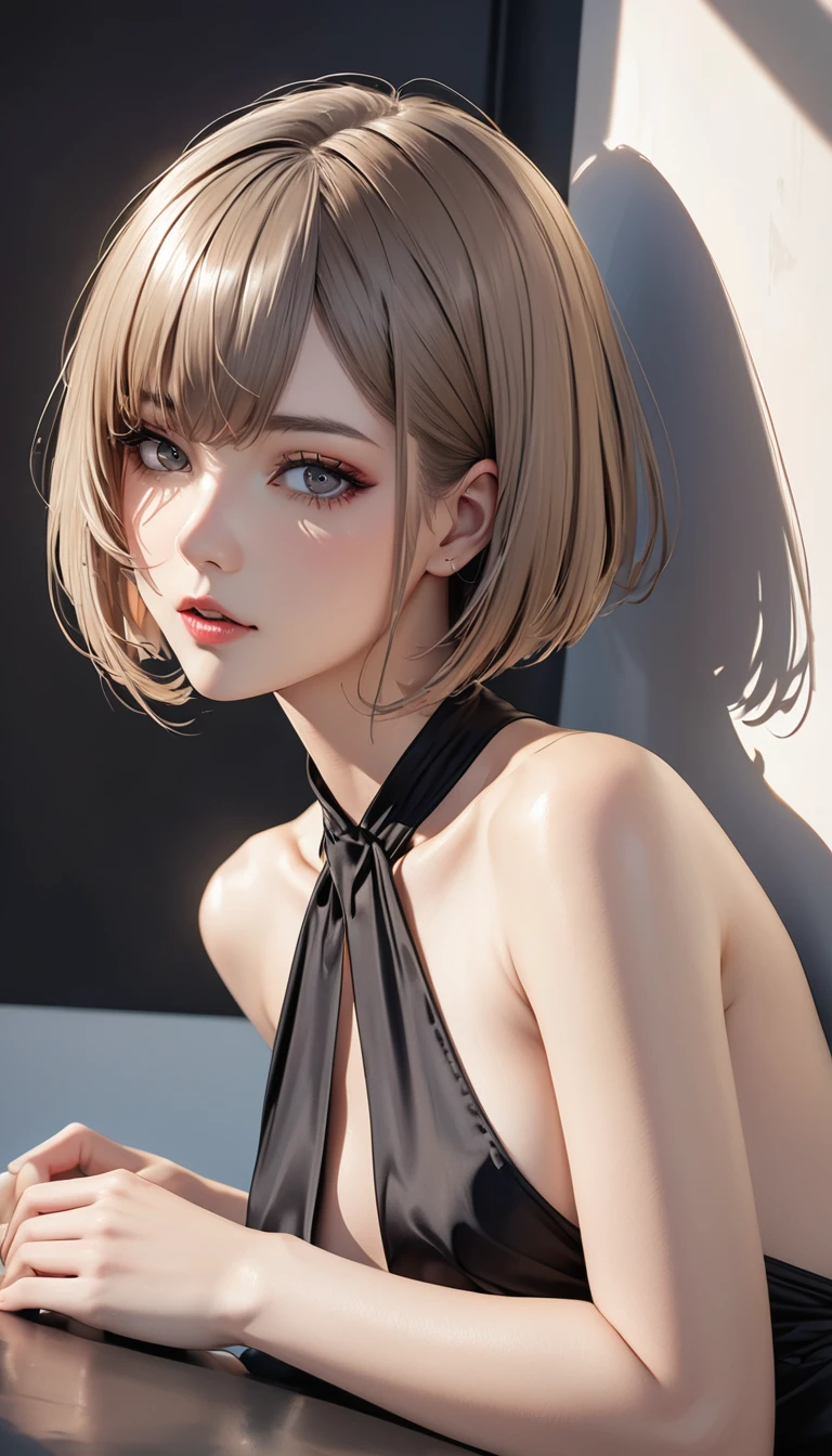 (Portrait), (style of ayami Kojima), nudist, cute, blonde hair, pink eyes, bobcut, perfect face, realistic, lifelike, lip gloss, messy hair, blushing, sparkling eyes, dynamic motion, motion lines, sexy,, seductive, black choker, mascara, breast, armpits, hands behind head, slight smile