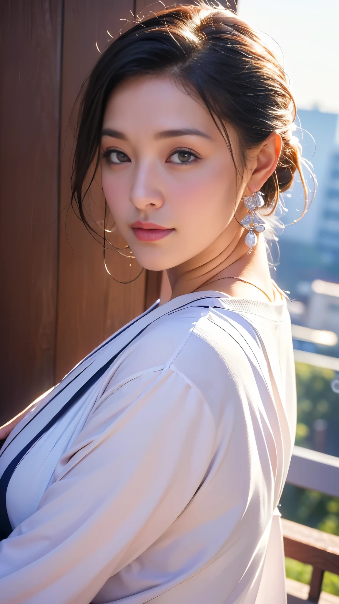 (Best quality, 8k, 32k, Masterpiece, UHD:1.2), Photo of Pretty Japanese woman, slender, small breasts, chignon bob hair, upper body,face focus,oversized_sweater, necklace, simple background, from above, looking at viewer,