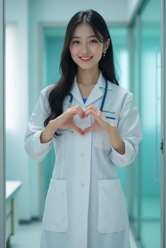 photorealistic, photograph, medium shot, standing, smiling beautiful Japanese female doctor making cheek_heart, slim hourglass figure, narrow waist, beautiful detailed face, black hair, pale skin, fair skin, realistic skin, detailed cloth texture, detailed hair texture, Perfect proportion, Anatomically correct, Highly detailed face and skin texture, private modern hospital room, looking at viewer, asian face , perfect anatomy, realistic,