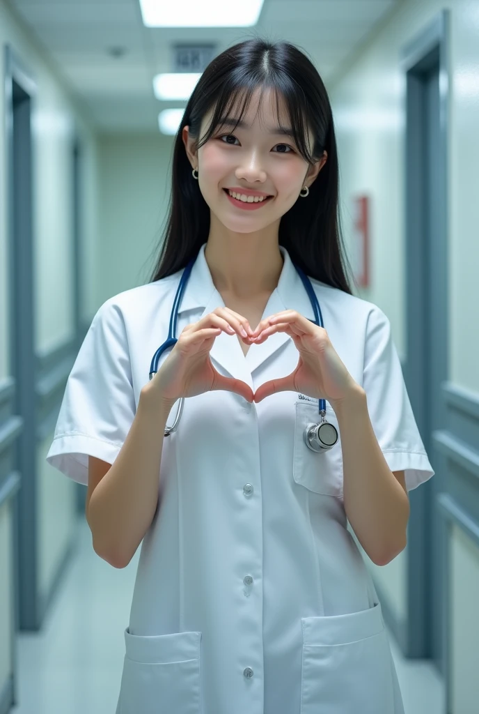 photorealistic, photograph, medium shot, standing, smiling beautiful Japanese female doctor making cheek_heart, slim hourglass figure, narrow waist, beautiful detailed face, black hair, pale skin, fair skin, realistic skin, detailed cloth texture, detailed hair texture, Perfect proportion, Anatomically correct, Highly detailed face and skin texture, private modern hospital room, looking at viewer, asian face , perfect anatomy, realistic,