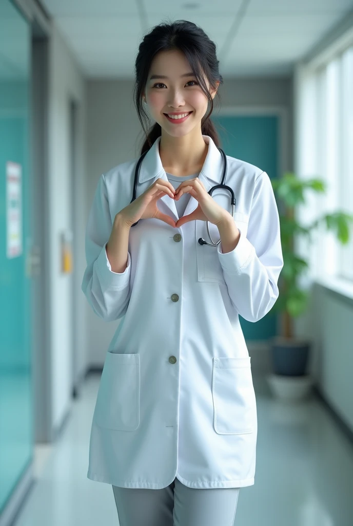 photorealistic, photograph, medium shot, standing, smiling beautiful Japanese female doctor making cheek_heart, slim hourglass figure, narrow waist, beautiful detailed face, black hair, pale skin, fair skin, realistic skin, detailed cloth texture, detailed hair texture, Perfect proportion, Anatomically correct, Highly detailed face and skin texture, private modern hospital room, looking at viewer, asian face , perfect anatomy, realistic,