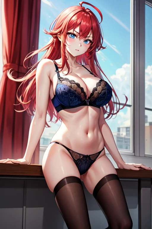 High resolution, masterpiece, 最high quality, の風景 High resolutionモデル, high quality, 超High resolution, Big Breasts、Redhead, Long Hair, Ahoge、blue eyes, A look of contempt, School classroom、Bright sun、Black lace bra、Black Thong