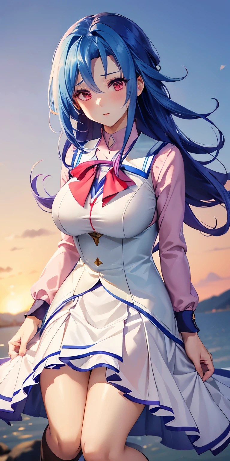 1 Female,High definition,high resolution,Ultra-realistic,8K, kr1, multicolored hair, dyed bangs, long sleeves, , bow, pink dress, white vest, white skirt, large breasts,European,sexy,Upper body close-up,Photographed from the front,Dynamic Angles,(blush), medium tits,full body