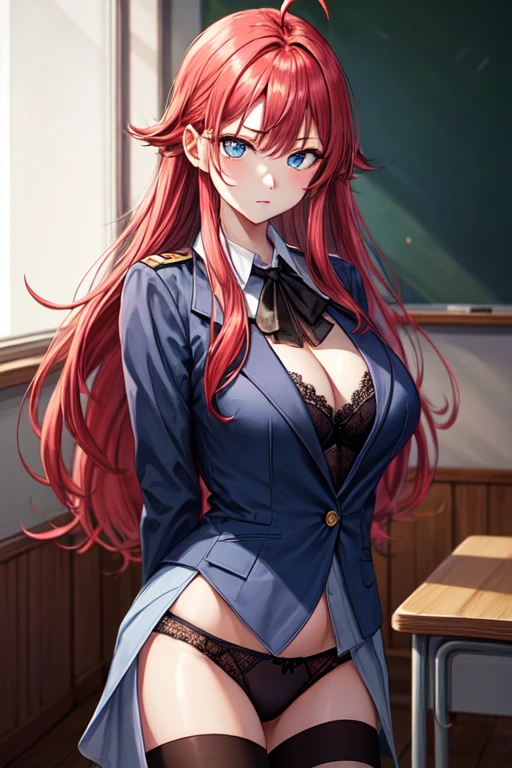 High resolution, masterpiece, 最high quality, の風景 High resolutionモデル, high quality, 超High resolution, Big Breasts、Redhead, Long Hair, Ahoge、blue eyes, A look of contempt, School classroom、Bright sun、Black lace bra、Black Thong、Navy blue blazer uniform