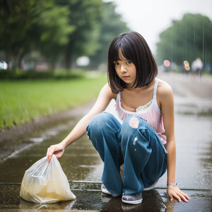 12 year old Asian girl in sailor uniform kneeling with short skirt, short socks and black shoes on a path near the beach   