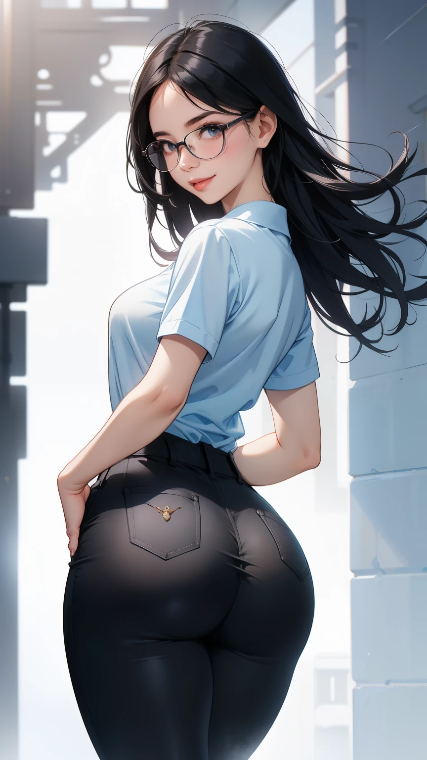 Blue eyes , dark room , Black dress big ass , big boobs , sexy waist , dark long hair , bare sexy back , by The window , sexy smile , a delightful! , (( high waisted Black skirt )) , NSFW , HD , 4k quality
