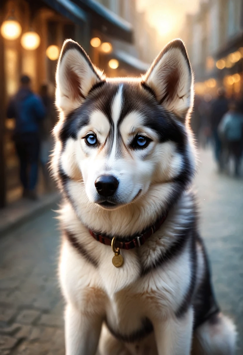 A cute husky greets the viewer, Pierre＝Art by Auguste Renoir and Jeremy Mann, (Viewpoint angle:1.2), Realistic, Ray Tracing, Beautiful lighting,masterpiece,National Geographic,Emphasis on realism,Blurred Background