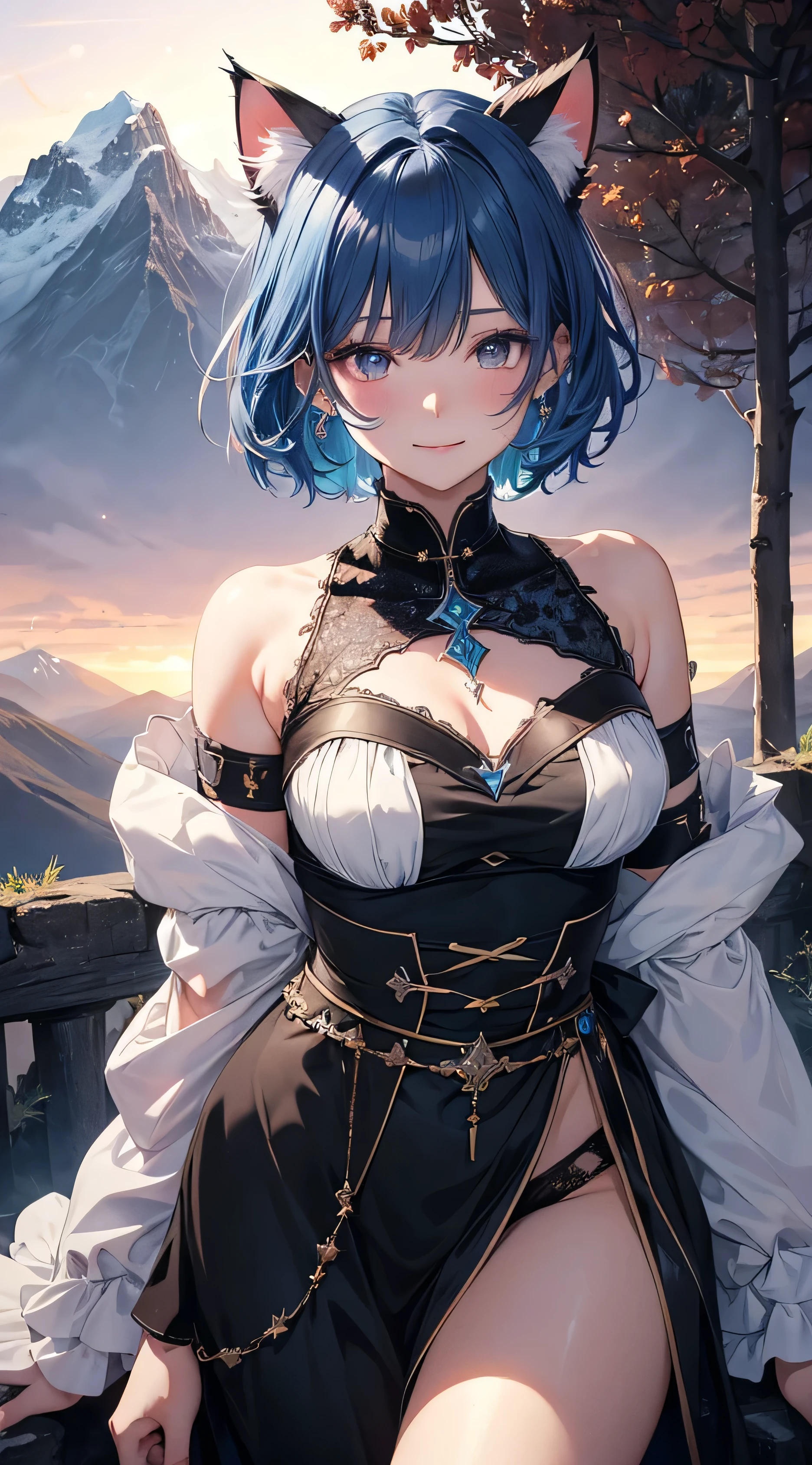 (Medieval Europe:1.2),(best quality,high resolution,masterpiece:1.2),(Stills),(Sunny atmosphere:1.3),Front view,(1 beautiful woman),(A 23-year-old female),(,only revealing his upper body:1.0),(Depth of Field),(Outdoor during the day,:1.2)，Blue Hair，Yellow eyes，short hair，posture