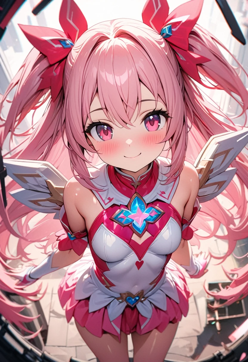 (Perfect Anatomy)、Mastepiece、Ultra High Quality、 8K、masterpiece、Highest quality、Ultra-high resolution、Maximum resolution、Very detailed、Professional Lighting、anime、woman、thin、so beautiful、Highly detailed eye、Highly detailed face、Golden earrings、Pink Hair,、Pink eyes, upper arm pink armor, white leotard, pink pattern, grassland, whole body, magical girl, Angel Girl, fighting pose, My clothes are in tatters