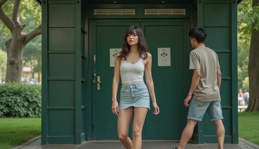 A medium-bust girl wears a white tank top and short skirt at the door of the park toilet,A man is following behind,Real person photos