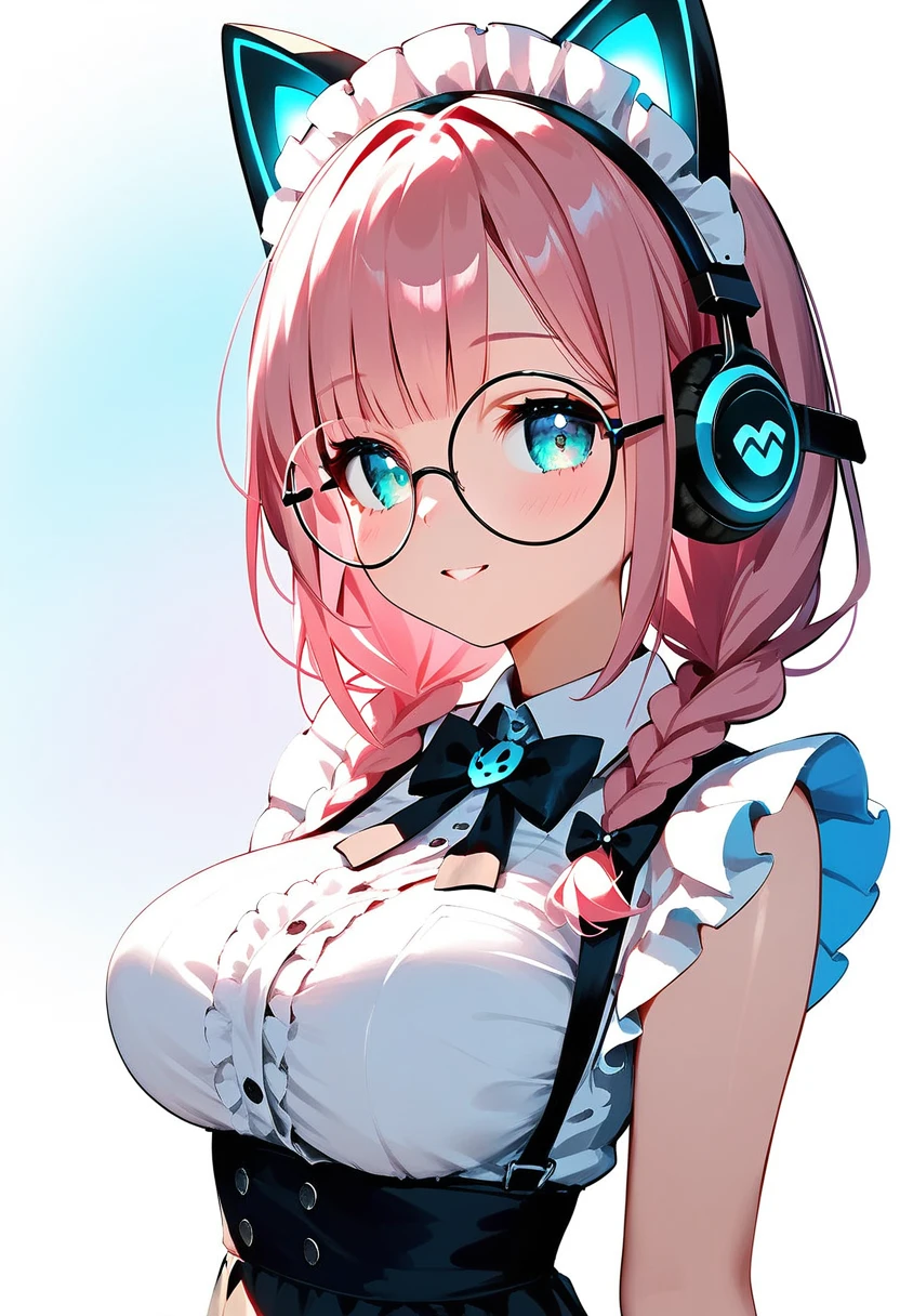 (nsfw:1.8), (best quality:1.2), (ultra-detailed:1.2), (2.5d:1.2), (Anime Moe Art Style), 1girl , pink hair,  Cyan eyes, gradient eyes, twin braids, Glowing cat ear headphones, black round glasses ,large breasts, maid,  