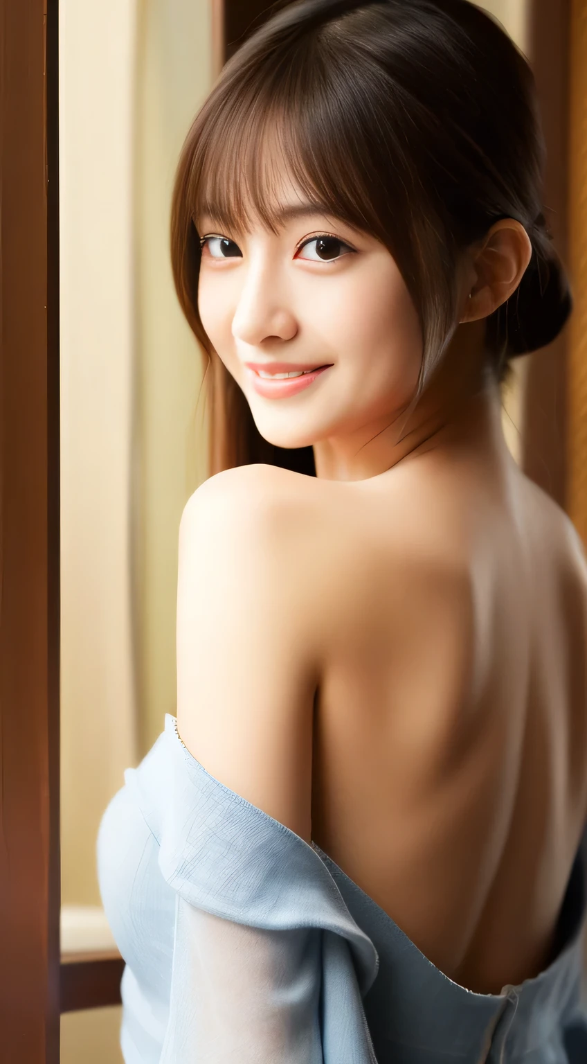 The face of a young, beautiful, naked Japanese woman with ponytail hair standing by the window, looking back and smiling. Focal length 100mmf/2.8, spring morning, rainy weather outside, living room on the upper floor of a high-rise apartment, blue curtains, ideal light source, well-shaped face, toned body, complete nudity, close-up of facial expression, low angle, sense of realism ,Highest quality.
