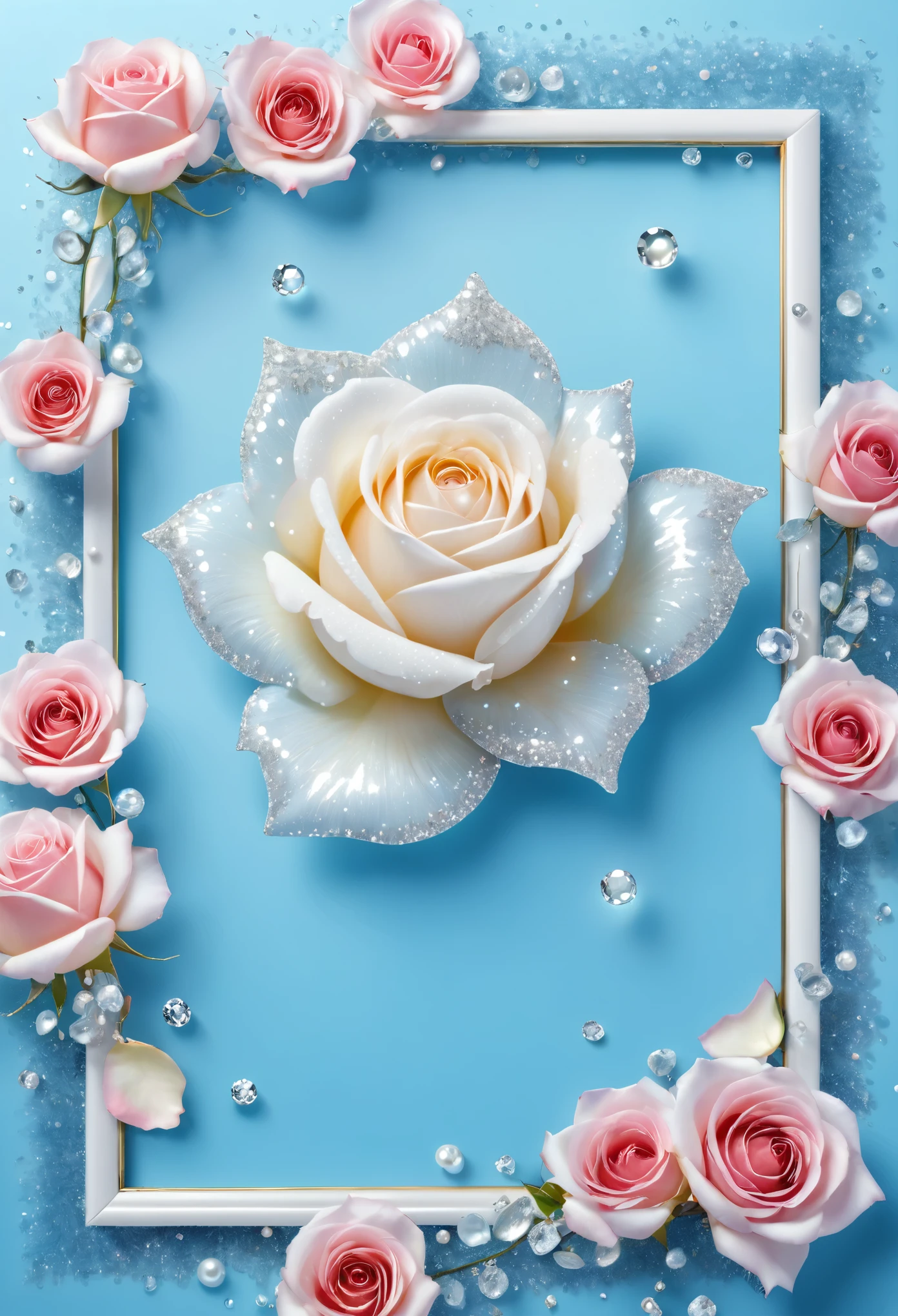 High resolution, glitter, White rose, light blue background, rose petals flying, pearl, diamond, Floral frame, frame background,