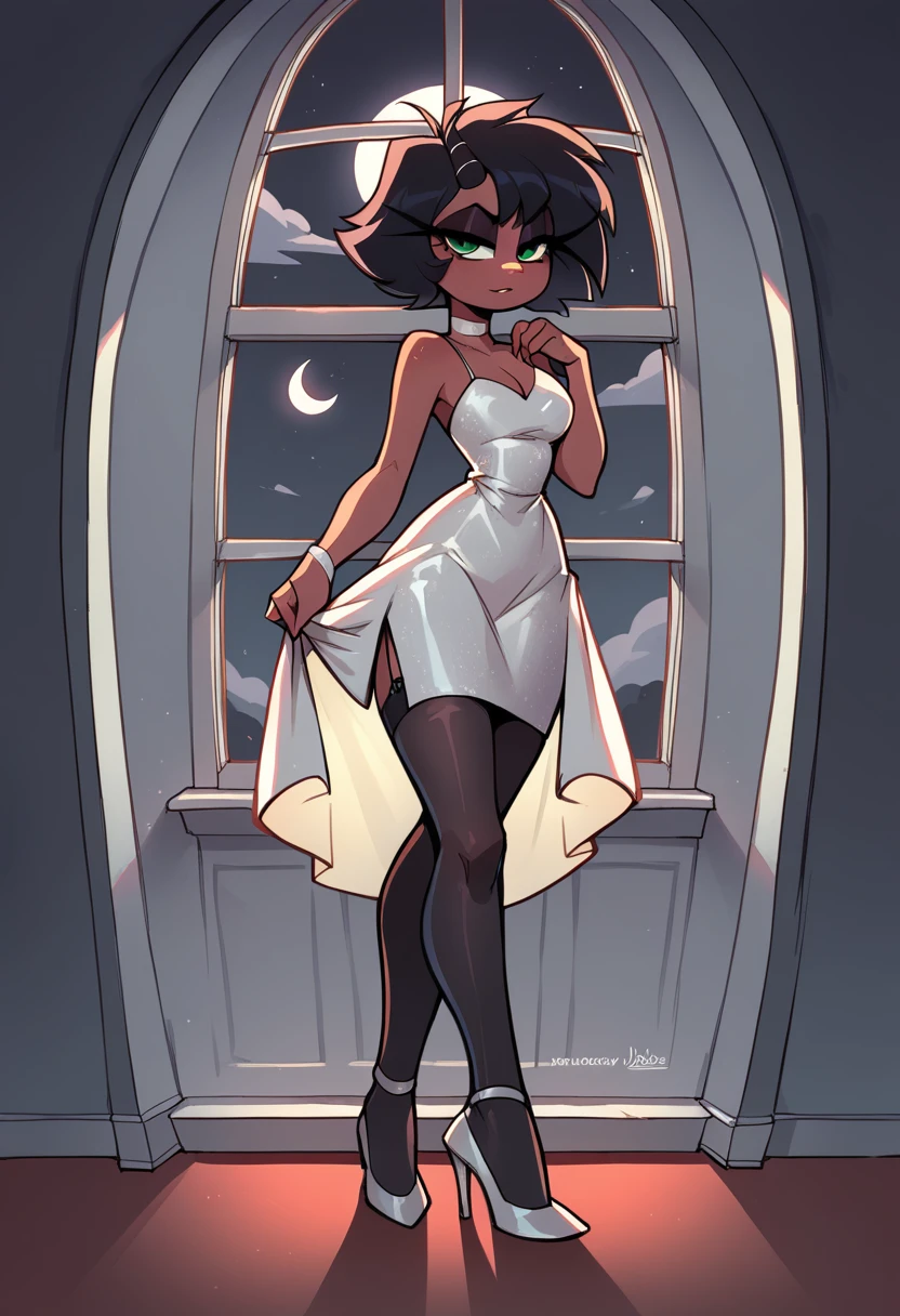 Millie, bedroom background, moon in window, satin dress, heels, black stockings